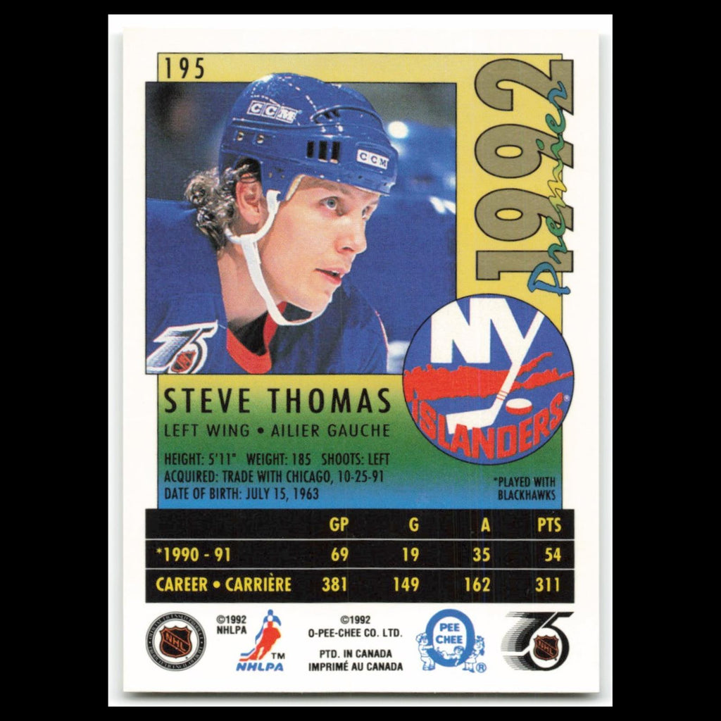 Steve Thomas #195 1992 O-Pee-Chee Premier New York Islanders Hockey Card NHL NM