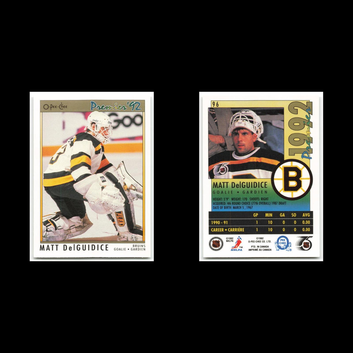 Matt DelGuidice Rookie #96 1992 O-Pee-Chee Premier Boston Bruins Hockey Card NHL