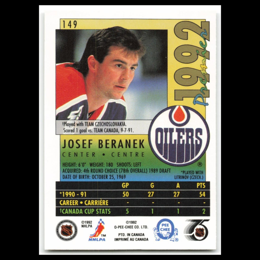 Josef Beranek Rookie #149 1992 O-Pee-Chee Premier Edmonton Oilers Hockey Card NM