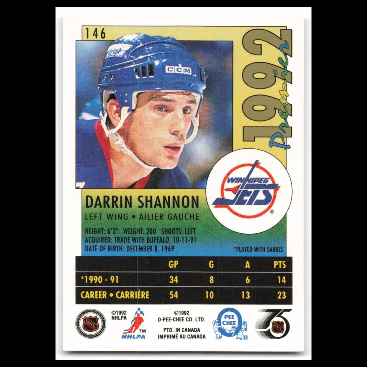 Darrin Shannon #146 1992 O-Pee-Chee Premier Winnipeg Jets Hockey Card NHL NM