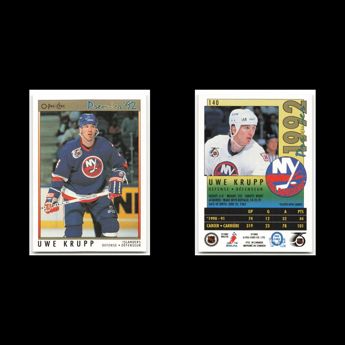 Uwe Krupp #140 1992 O-Pee-Chee Premier New York Islanders Hockey Card NHL NM