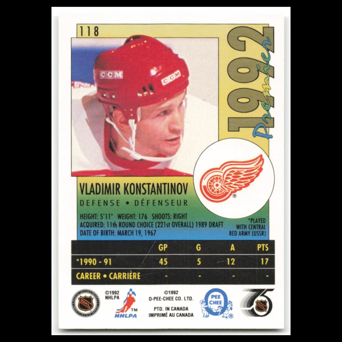 Vladimir Konstantinov #267 1992 O-Pee-Chee Premier Detroit Red Wings Hockey Card