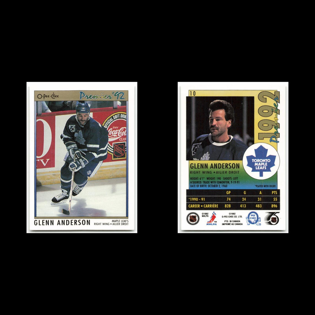 Glenn Anderson #10 1992 O-Pee-Chee Premier Toronto Maple Leafs Hockey Card NHL