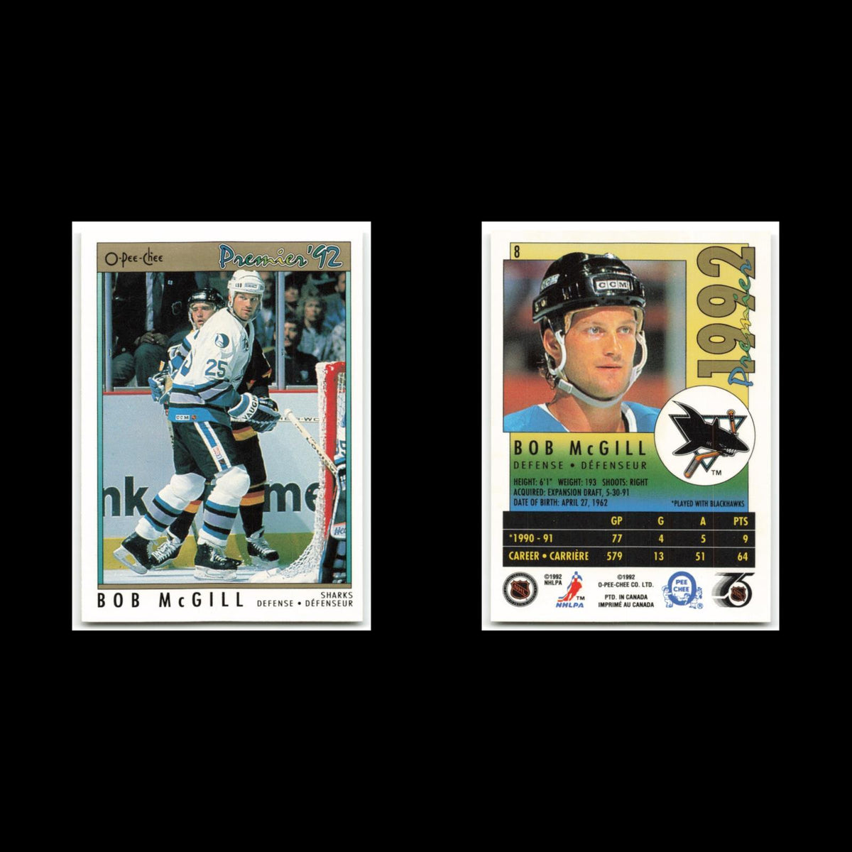 Bob McGill #8 1992 O-Pee-Chee Premier San Jose Sharks Hockey Card NHL NM