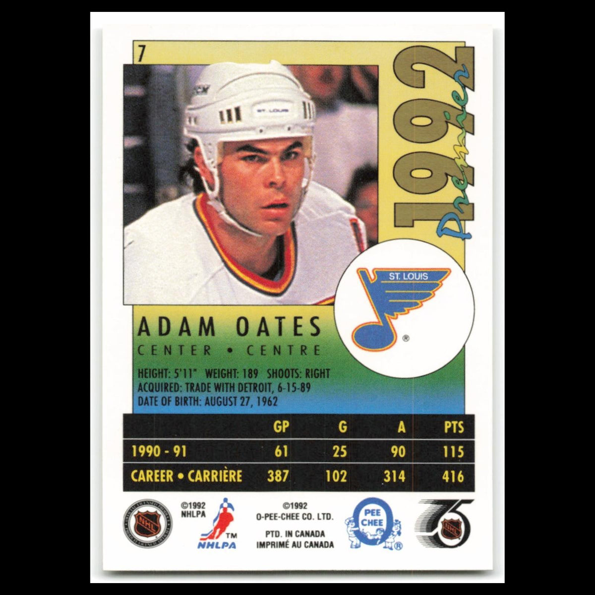 Adam Oates #7 1992 O-Pee-Chee Premier St. Louis Blues Hockey Card NHL NM