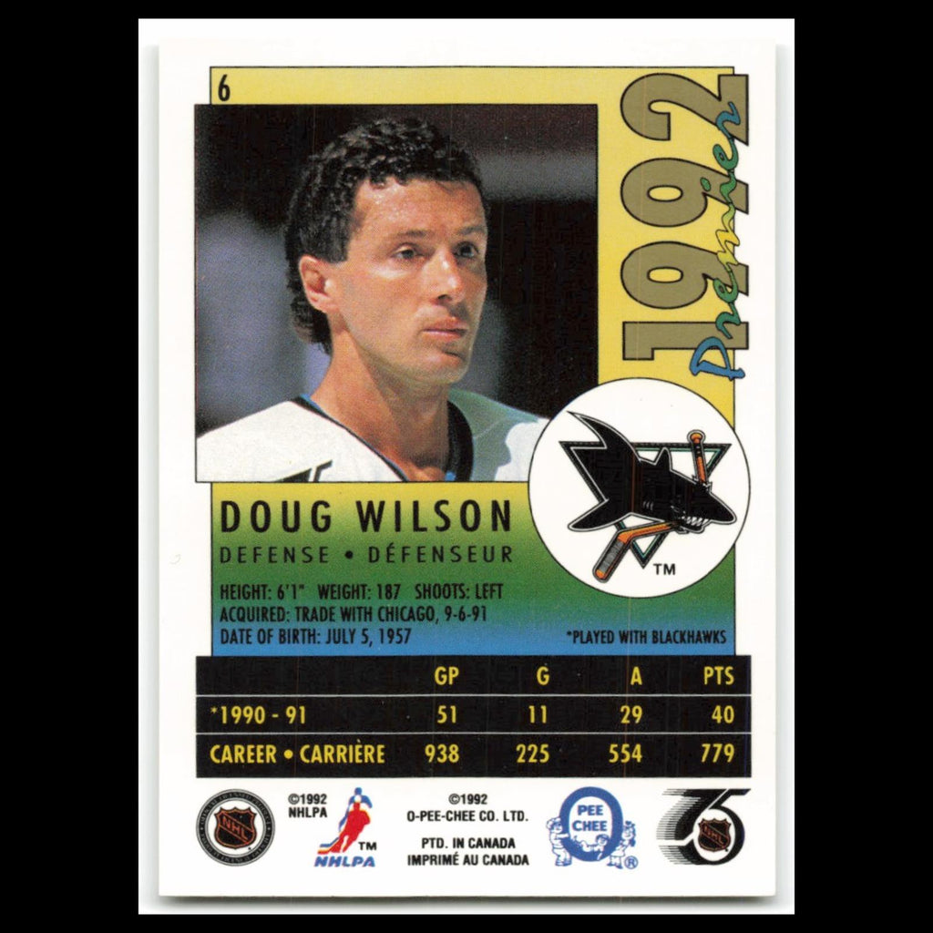 Doug Wilson #6 1992 O-Pee-Chee Premier San Jose Sharks Hockey Card NHL NM