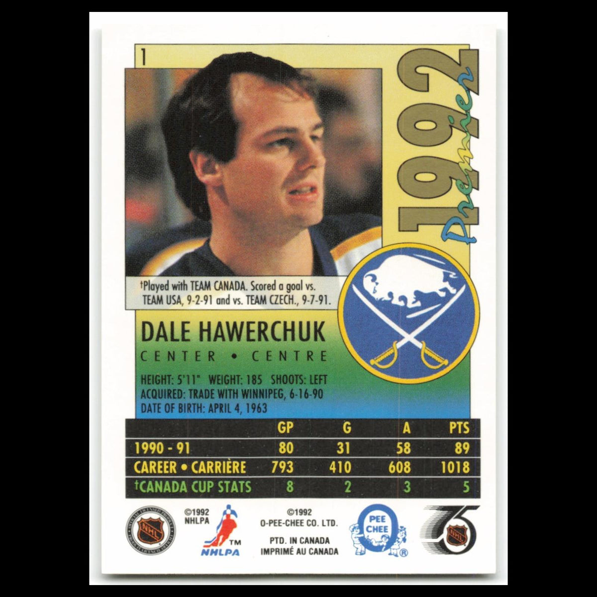 Dale Hawerchuk #1 1992 O-Pee-Chee Premier Buffalo Sabres Hockey Card NHL NM