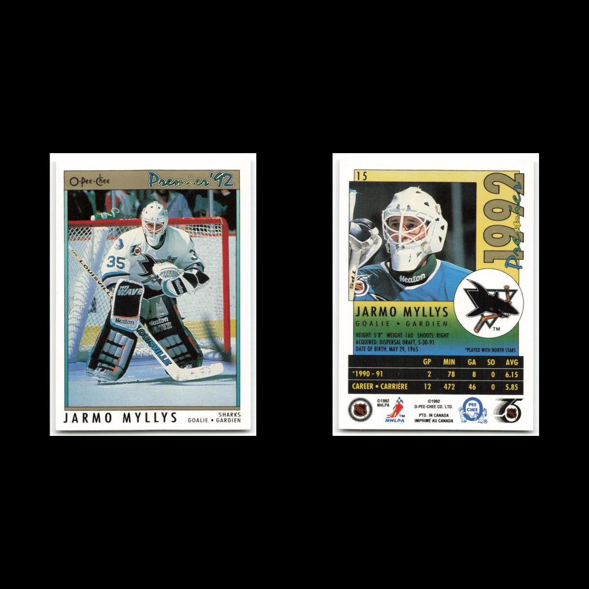 Jarmo Myllys #15 1992 O-Pee-Chee Premier San Jose Sharks Hockey Card NHL NM