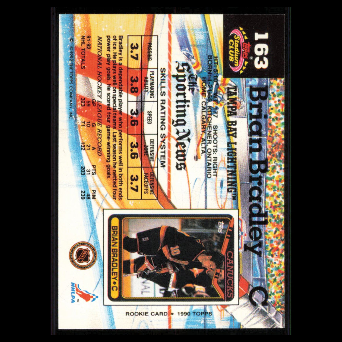 Brian Bradley #163 1992 Stadium Club Tampa Bay Lightning Hockey Card NHL NM