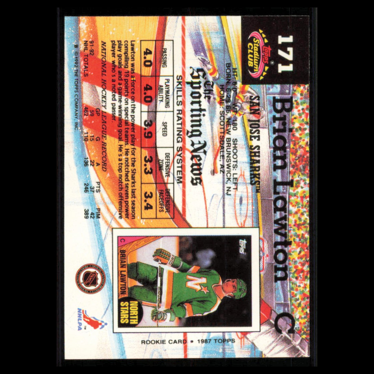 Brian Lawton #171 1992 Stadium Club San Jose Sharks Hockey Card NHL NM