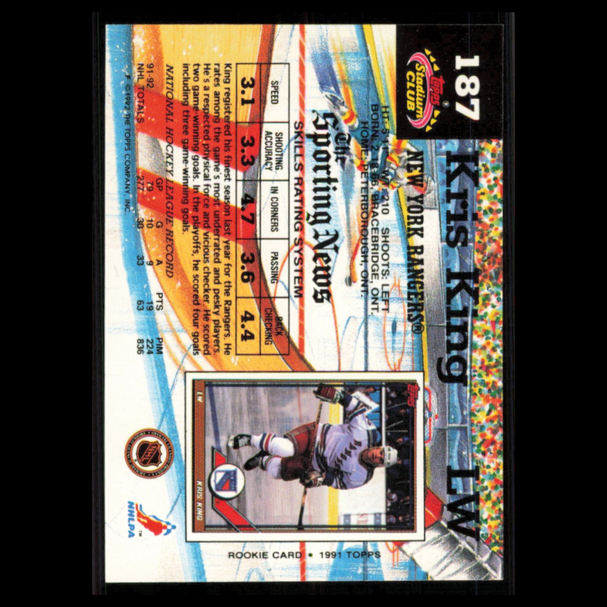 Kris King #187 1992 Stadium Club New York Rangers Hockey Card NHL NM