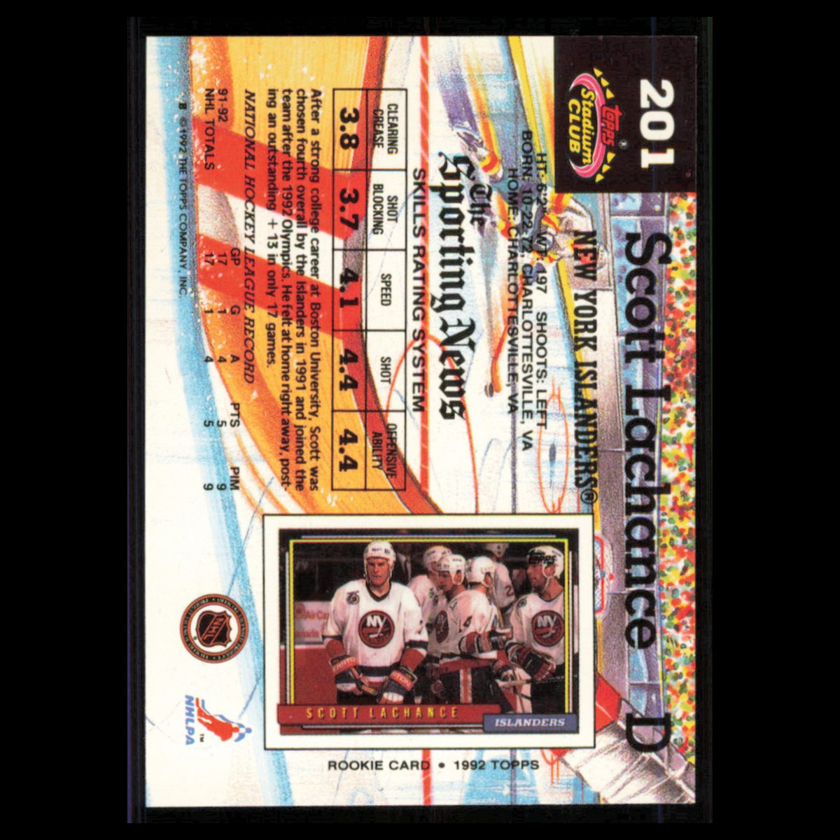 Scott Lachance #201 1992 Stadium Club New York Islanders Hockey Card NHL NM
