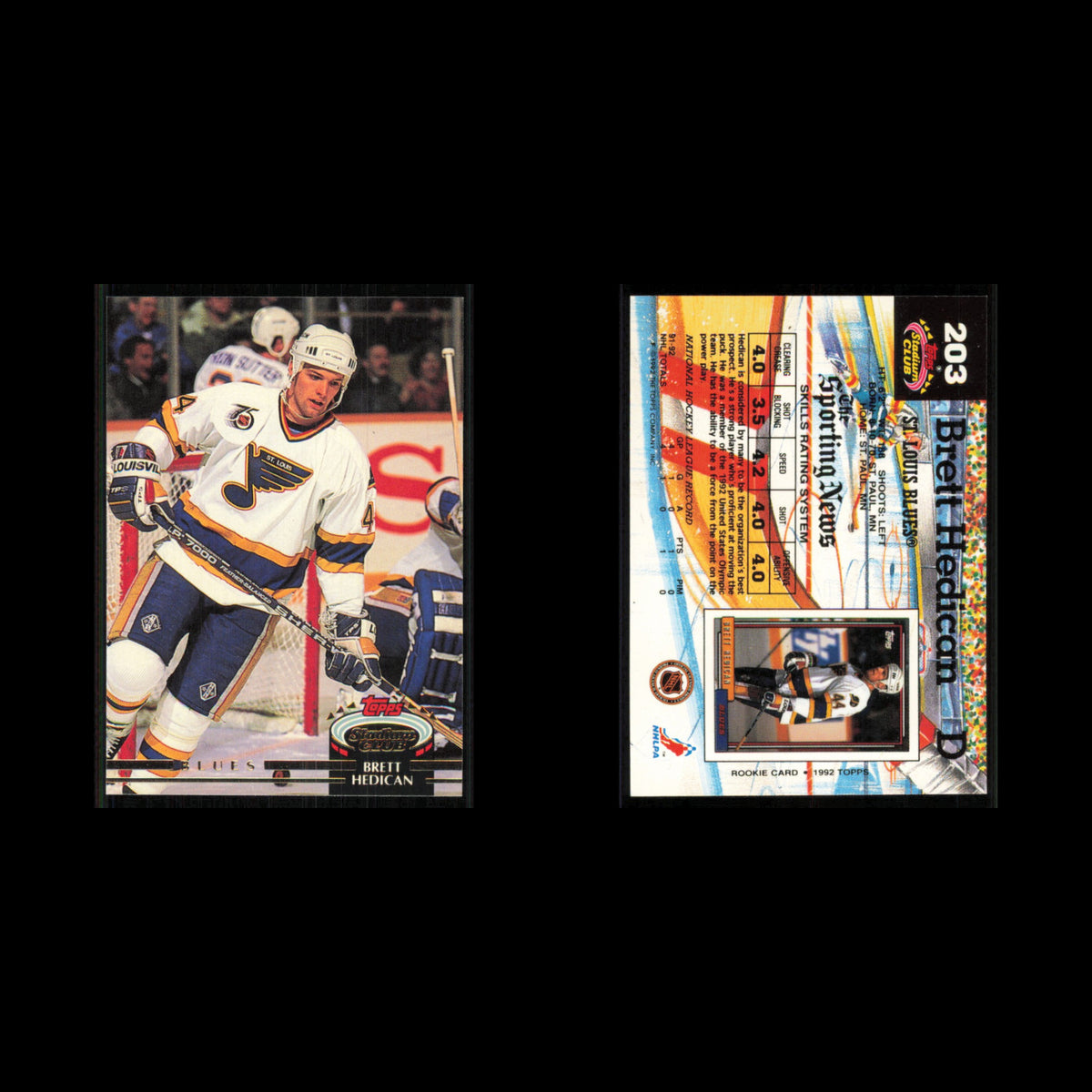 Bret Hedican Rookie #203 1992 Stadium Club St. Louis Blues Hockey Card NHL NM