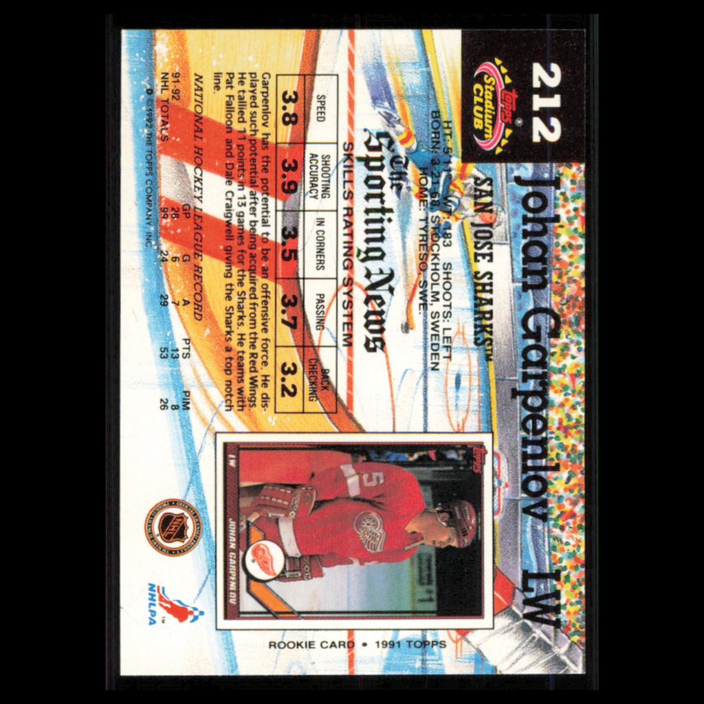 Johan Garpenlov #212 1992 Stadium Club San Jose Sharks Hockey Card NHL NM