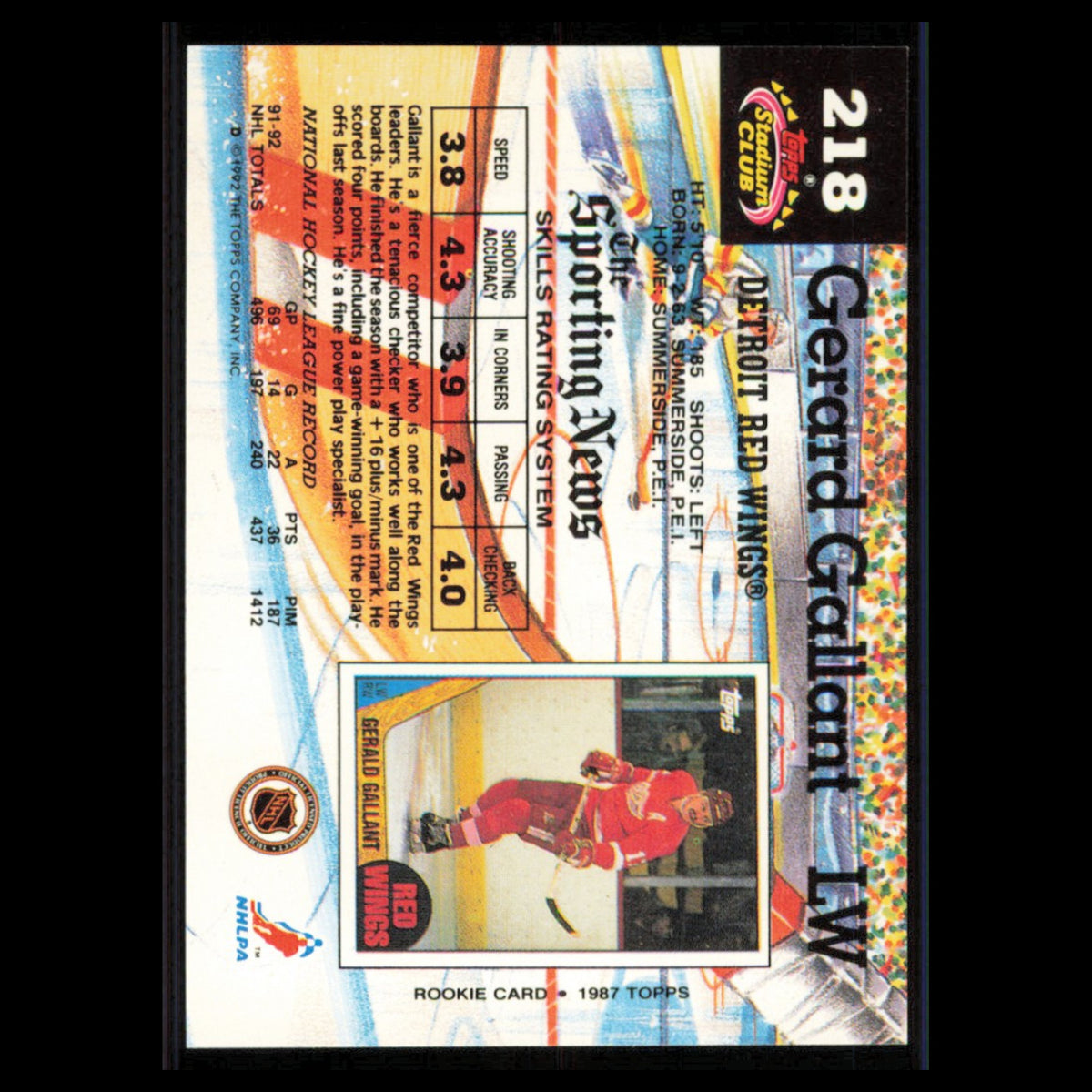 Gerard Gallant #218 1992 Stadium Club Detroit Red Wings Hockey Card NHL NM