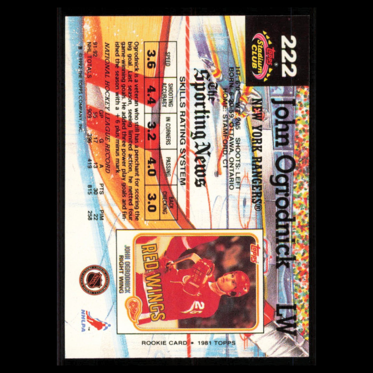 John Ogrodnick #222 1992 Stadium Club New York Rangers Hockey Card NHL NM