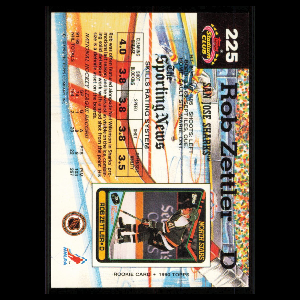 Rob Zettler #225 1992 Stadium Club San Jose Sharks Hockey Card NHL NM