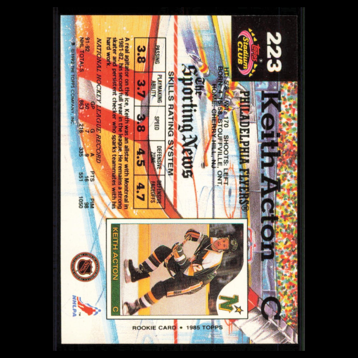 Keith Acton #223 1992 Stadium Club Philadelphia Flyers Hockey Card NHL NM