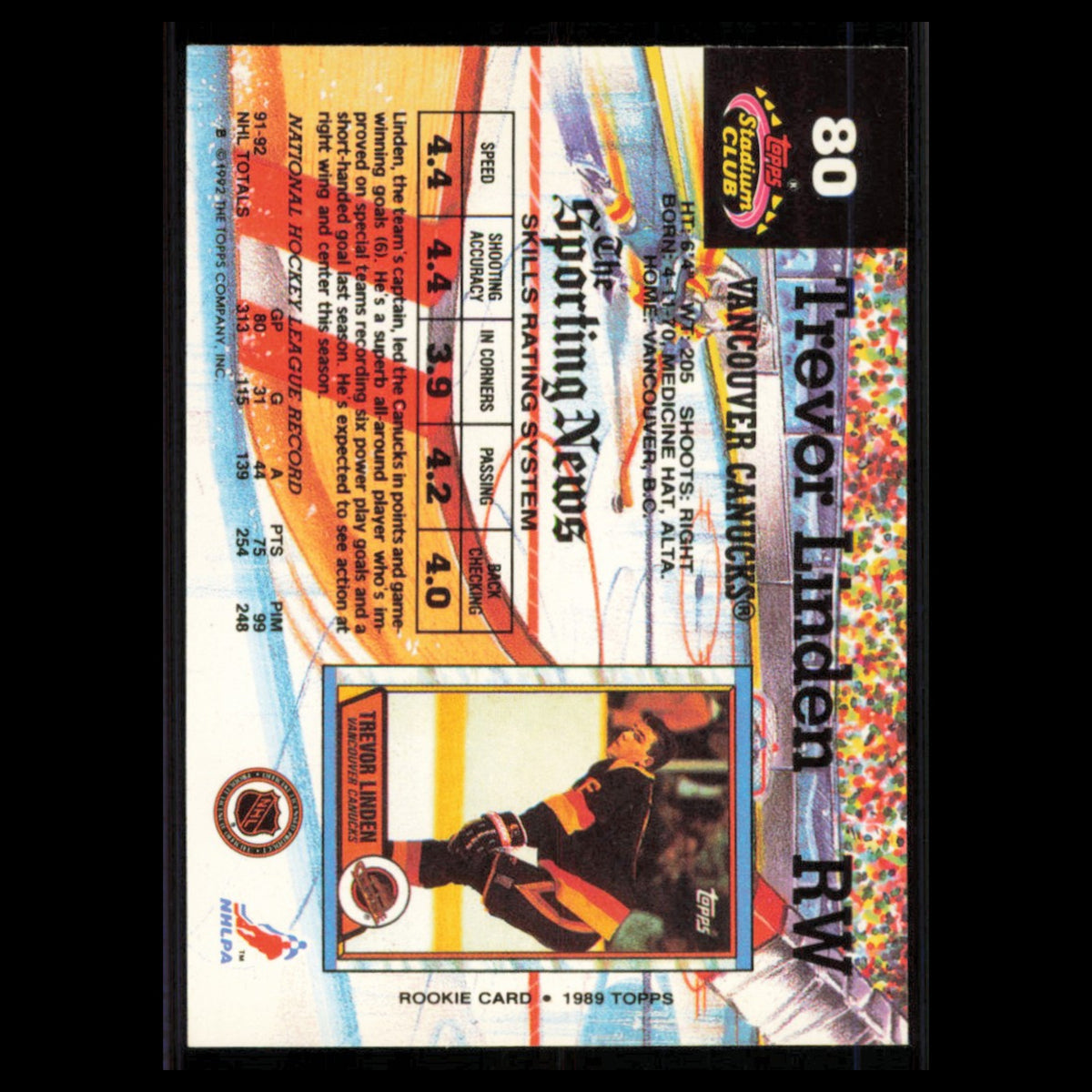 Trevor Linden #80 1992 Stadium Club Vancouver Canucks Hockey Card NHL NM
