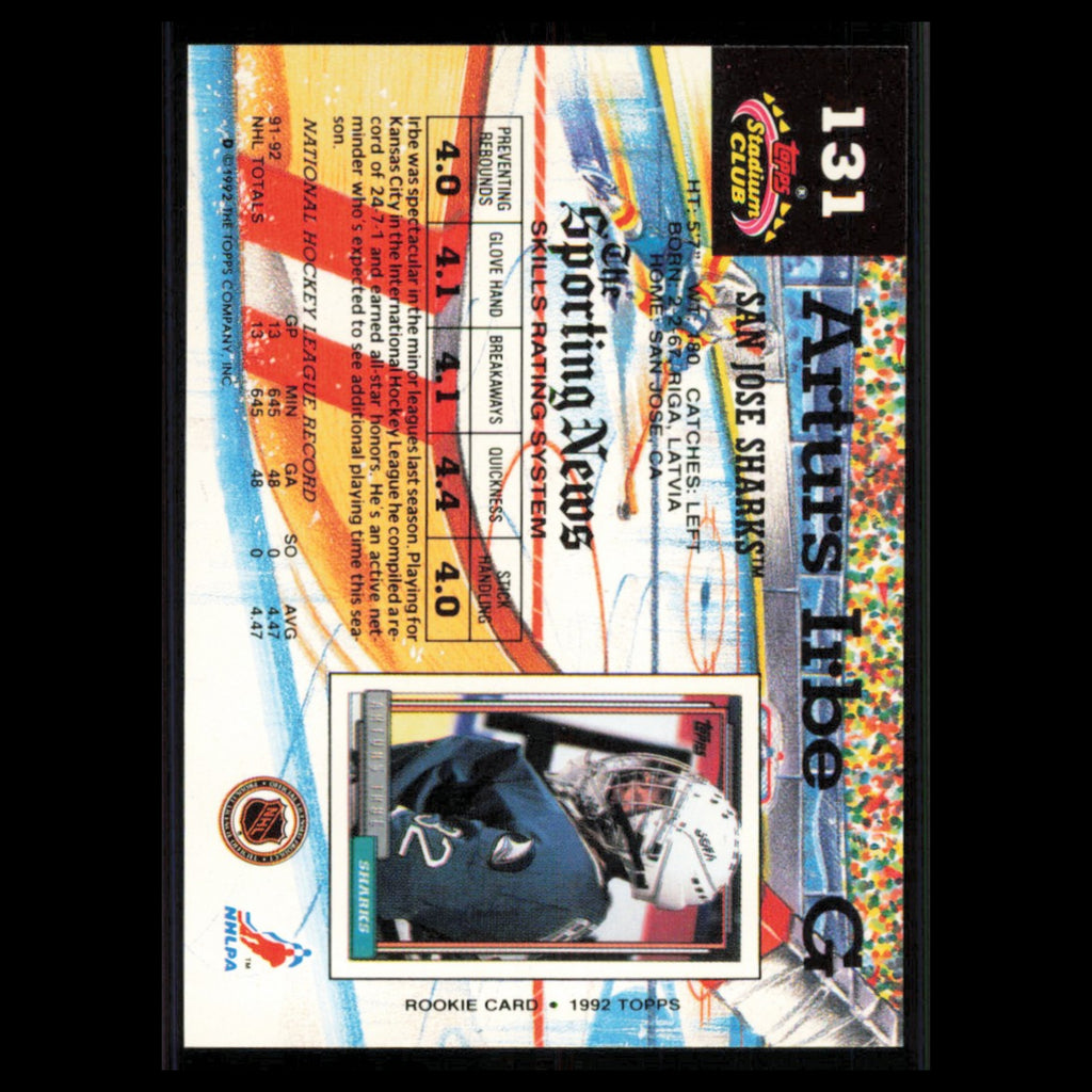 Arturs Irbe #131 1992 Stadium Club San Jose Sharks Hockey Card NHL NM