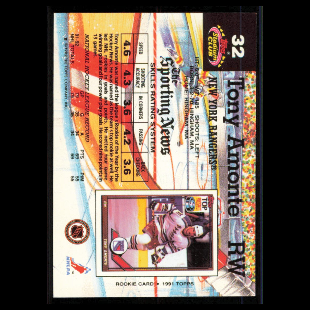 Tony Amonte #32 1992 Stadium Club New York Rangers Hockey Card NHL NM