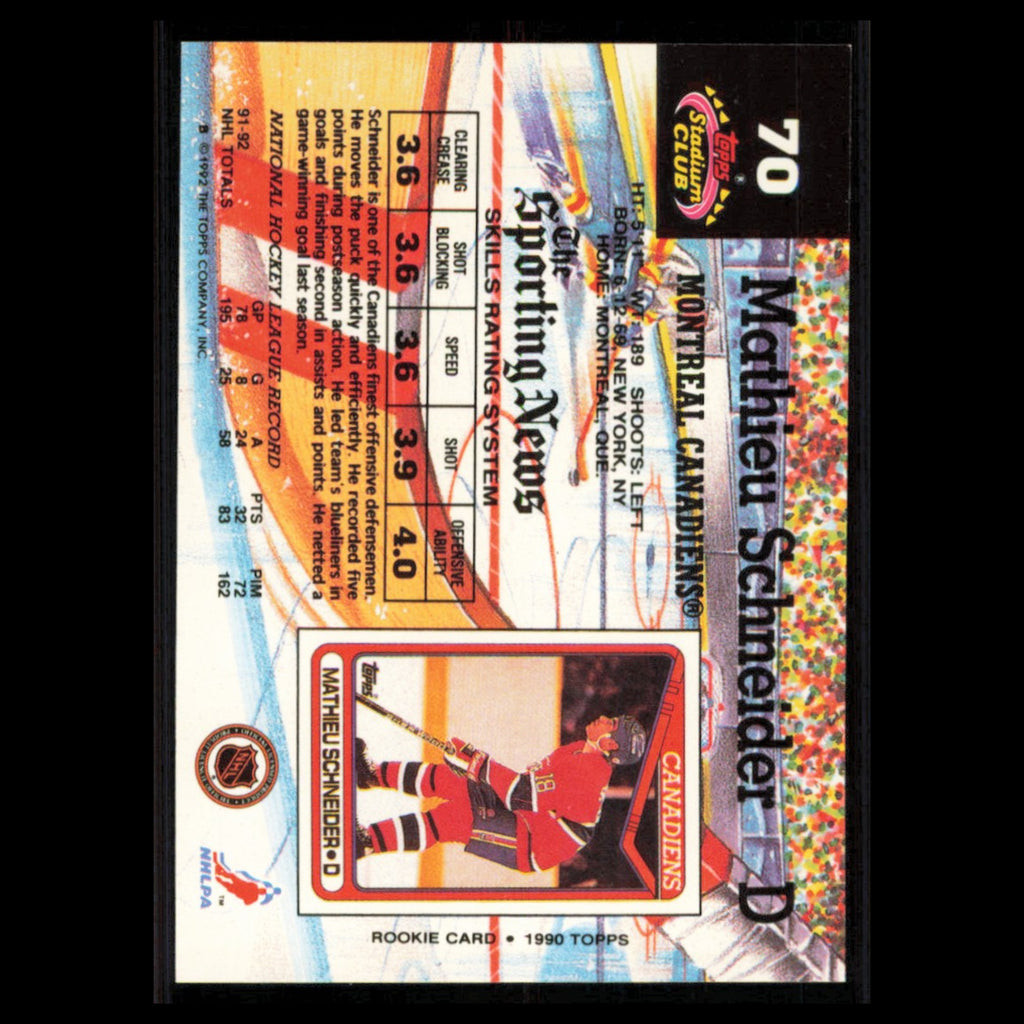 Mathieu Schneider #70 1992 Stadium Club Montreal Canadiens Hockey Card NHL NM