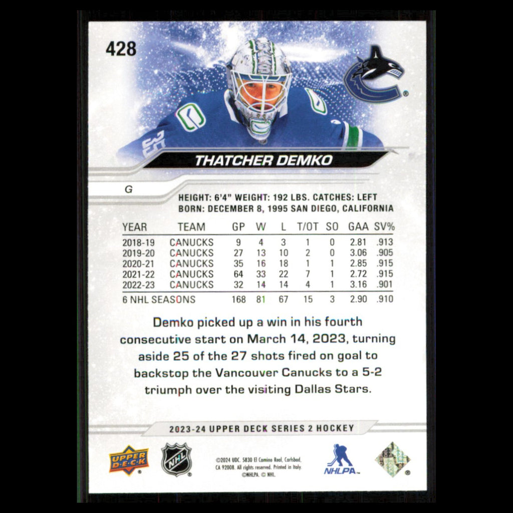 Thatcher Demko #428 2023 Upper Deck Vancouver Canucks Hockey Card NHL NM