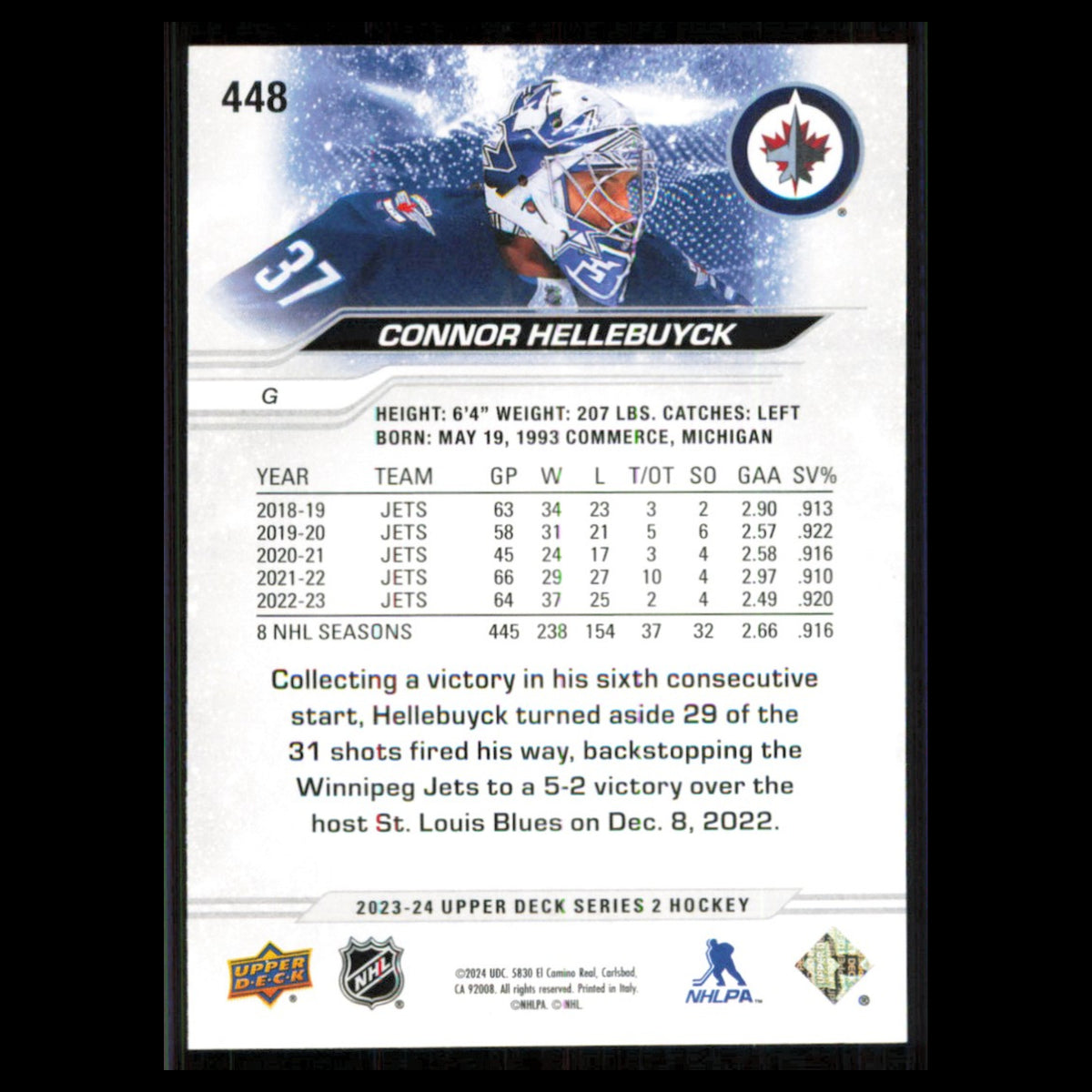 Connor Hellebuyck #448 2023 Upper Deck Winnipeg Jets Hockey Card NHL NM