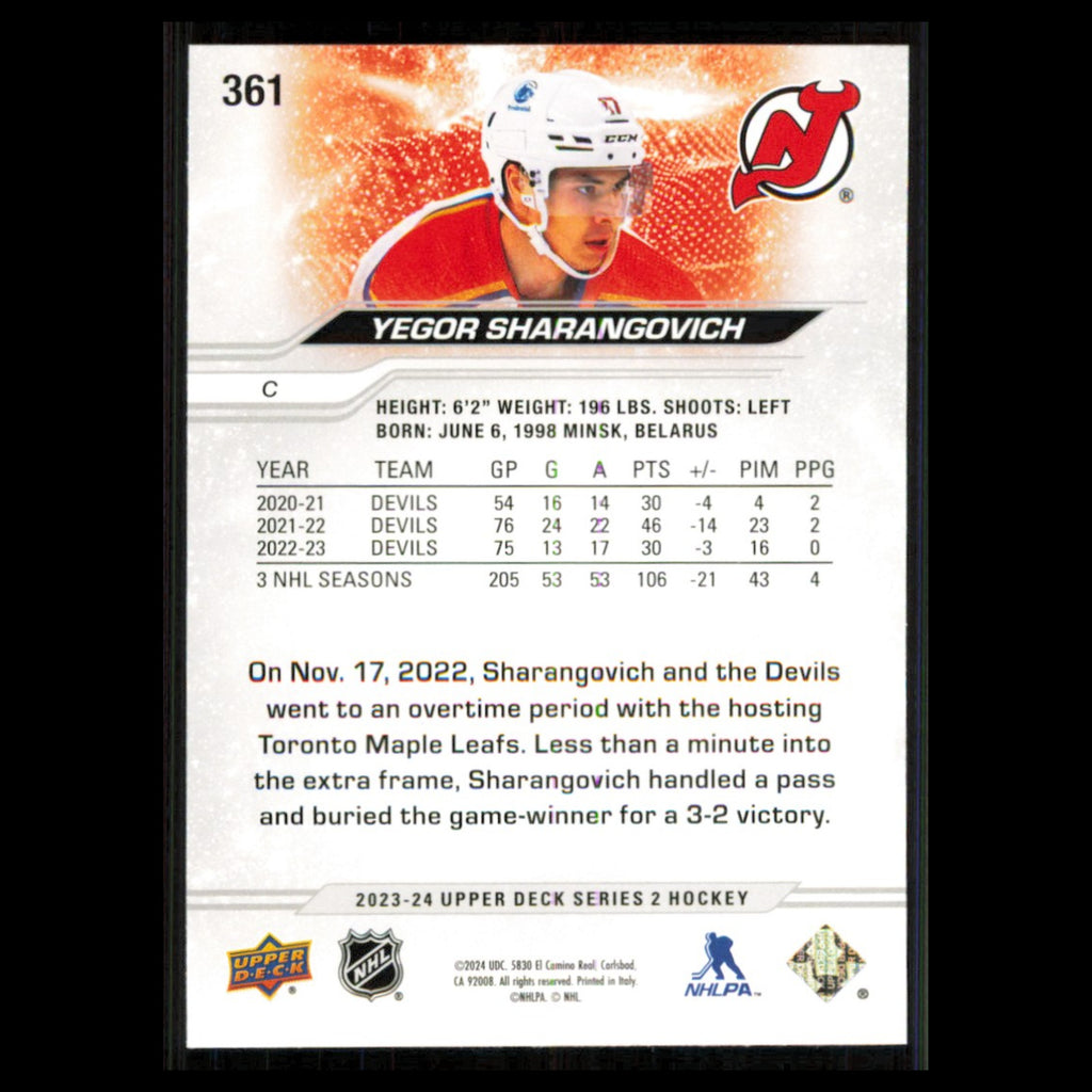 Yegor Sharangovich #361 2023 Upper Deck New Jersey Devils Hockey Card NHL NM