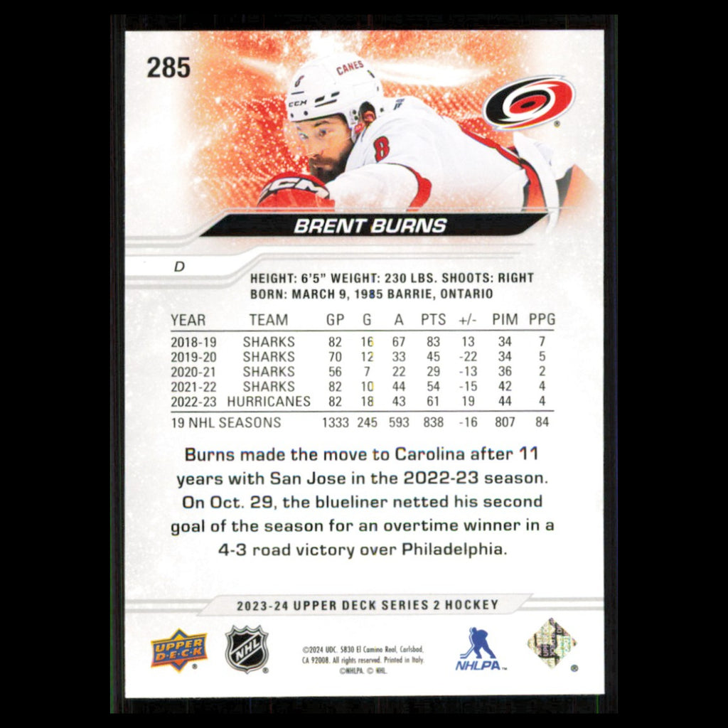 Brent Burns #285 2023 Upper Deck Carolina Hurricanes Hockey Card NHL NM