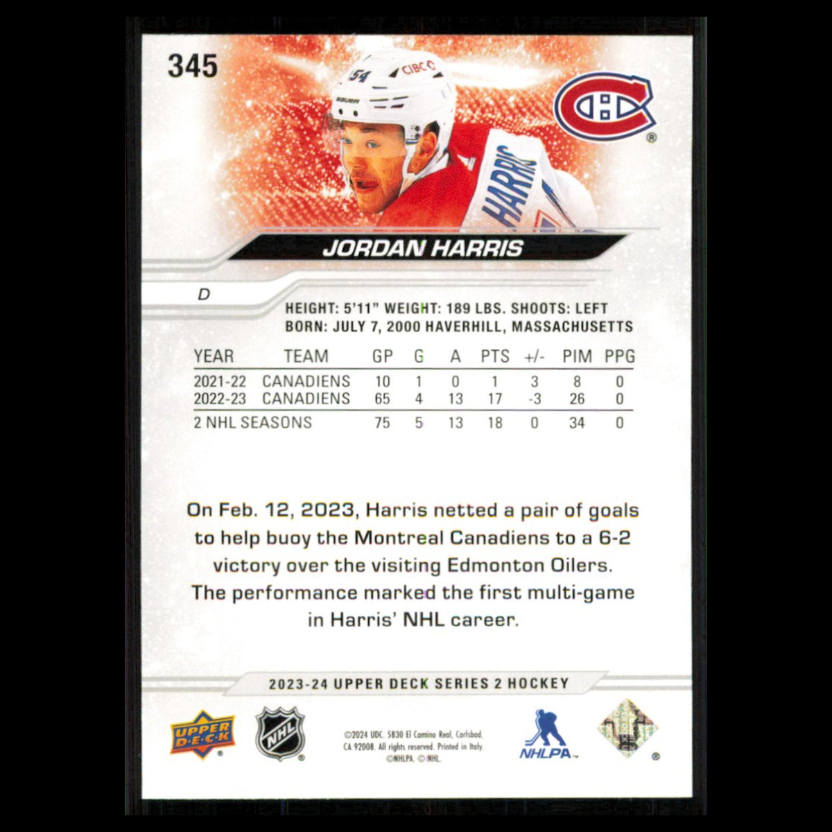 Jordan Harris #345 2023 Upper Deck Montreal Canadiens Hockey Card NHL NM
