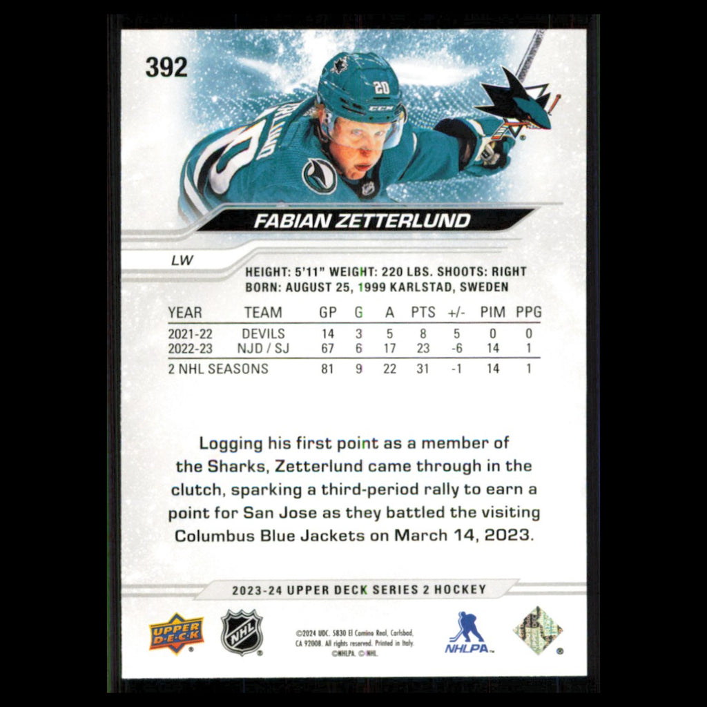 Fabian Zetterlund #392 2023 Upper Deck San Jose Sharks Hockey Card NHL NM