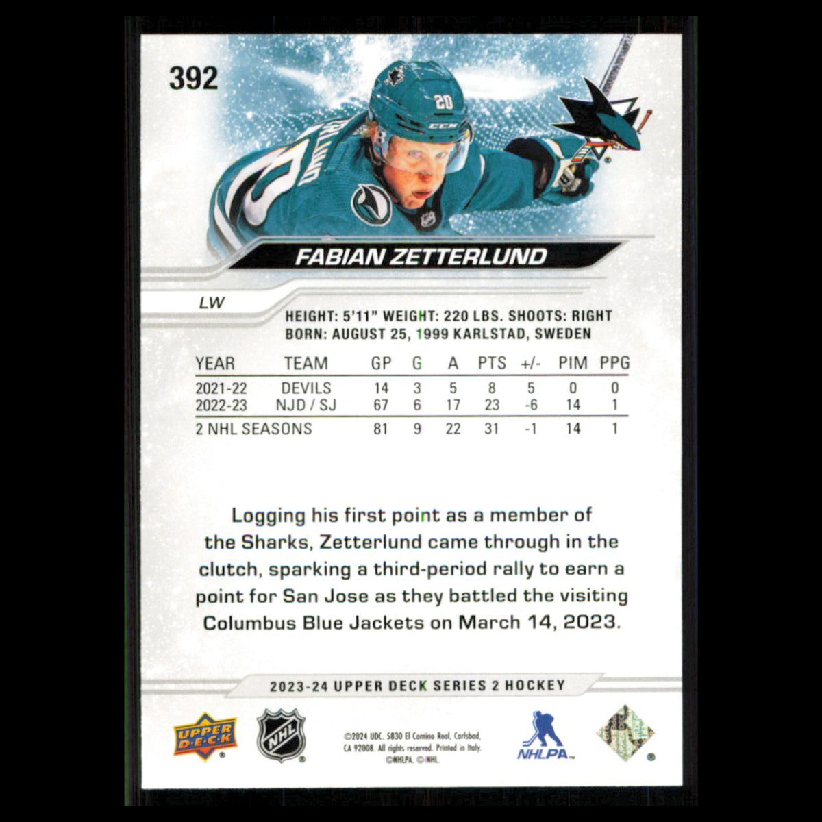 Fabian Zetterlund #392 2023 Upper Deck San Jose Sharks Hockey Card NHL NM