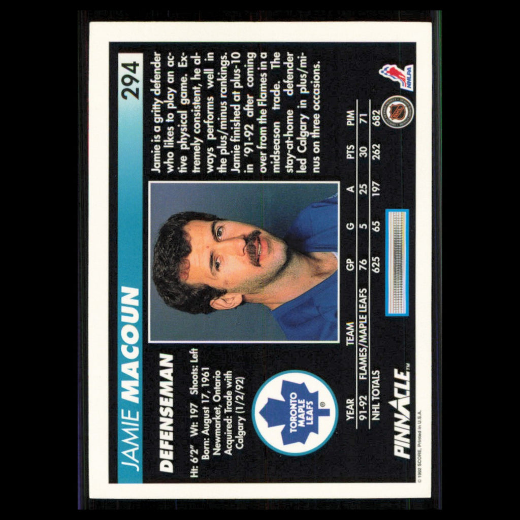 Jamie Macoun #294 1992 Pinnacle Toronto Maple Leafs Hockey Card NHL NM
