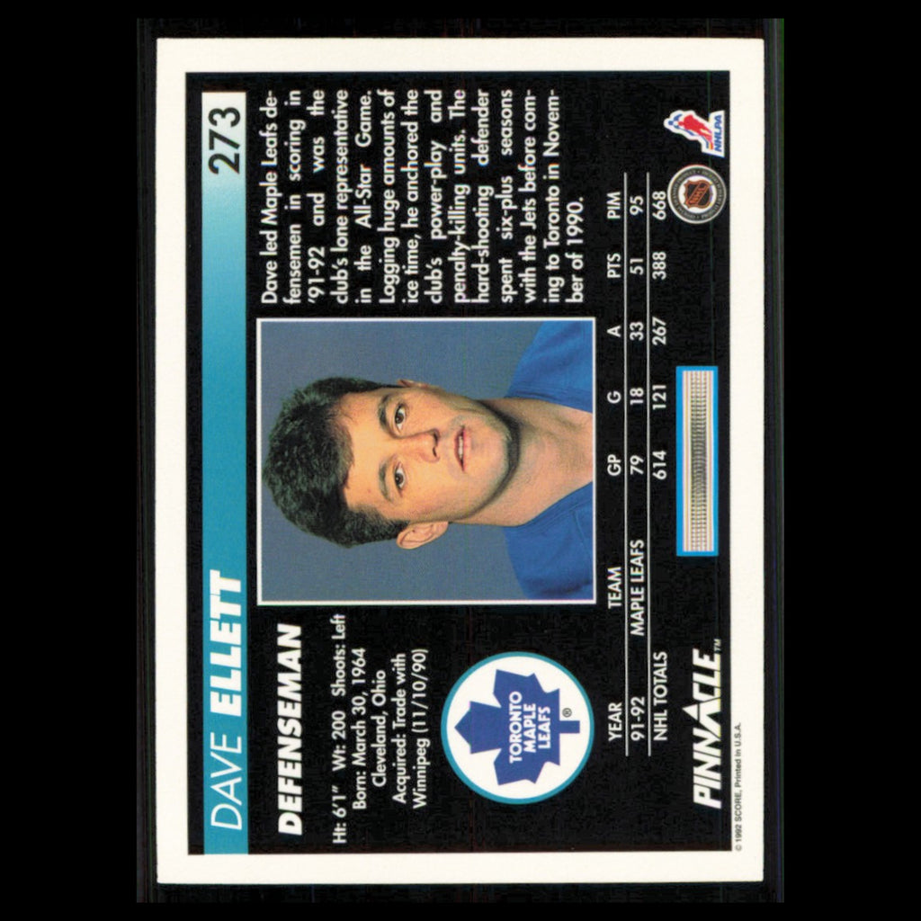 Dave Ellett #273 1992 Pinnacle Toronto Maple Leafs Hockey Card NHL NM