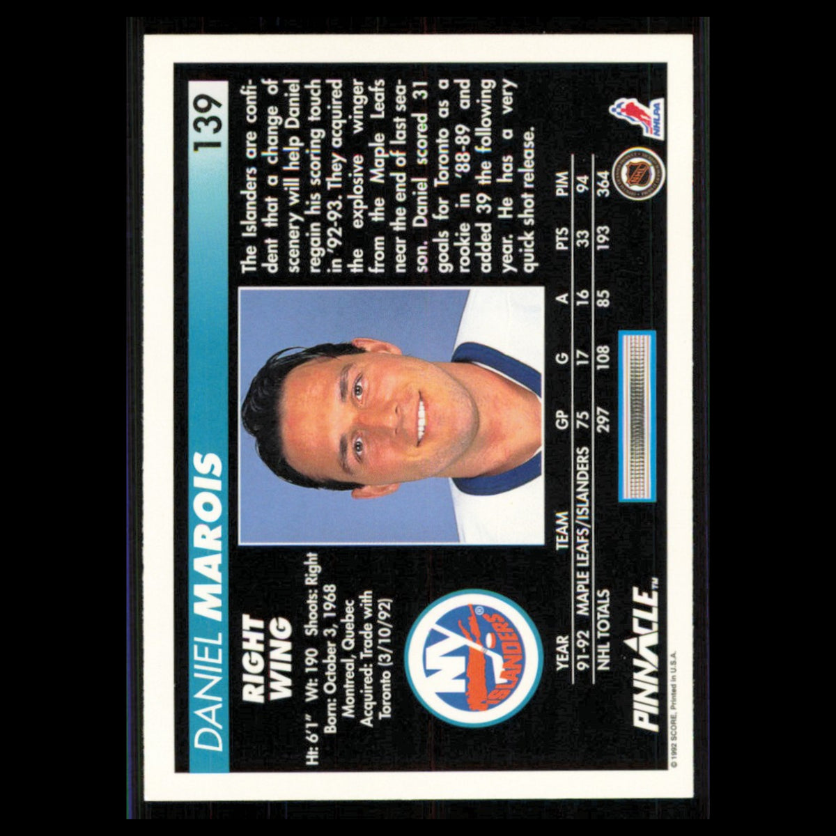 Daniel Marois #139 1992 Pinnacle New York Islanders Hockey Card NHL NM
