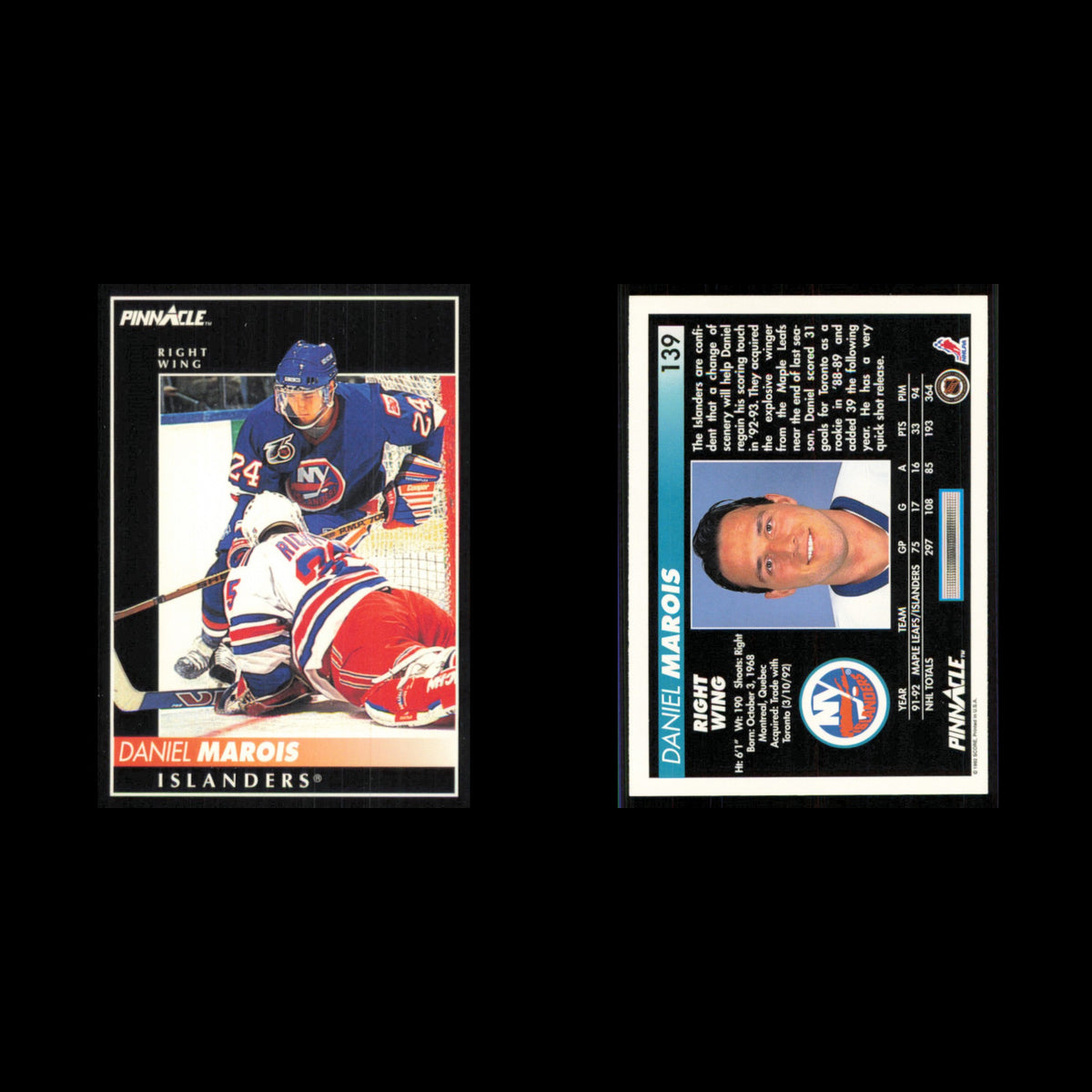 Daniel Marois #139 1992 Pinnacle New York Islanders Hockey Card NHL NM