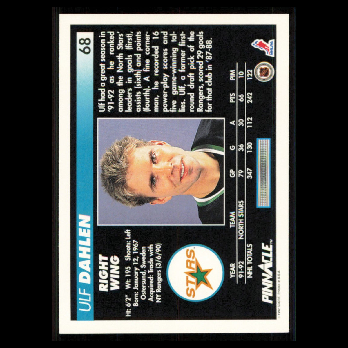 Ulf Dahlen #68 1992 Pinnacle Minnesota North Stars Hockey Card NHL NM
