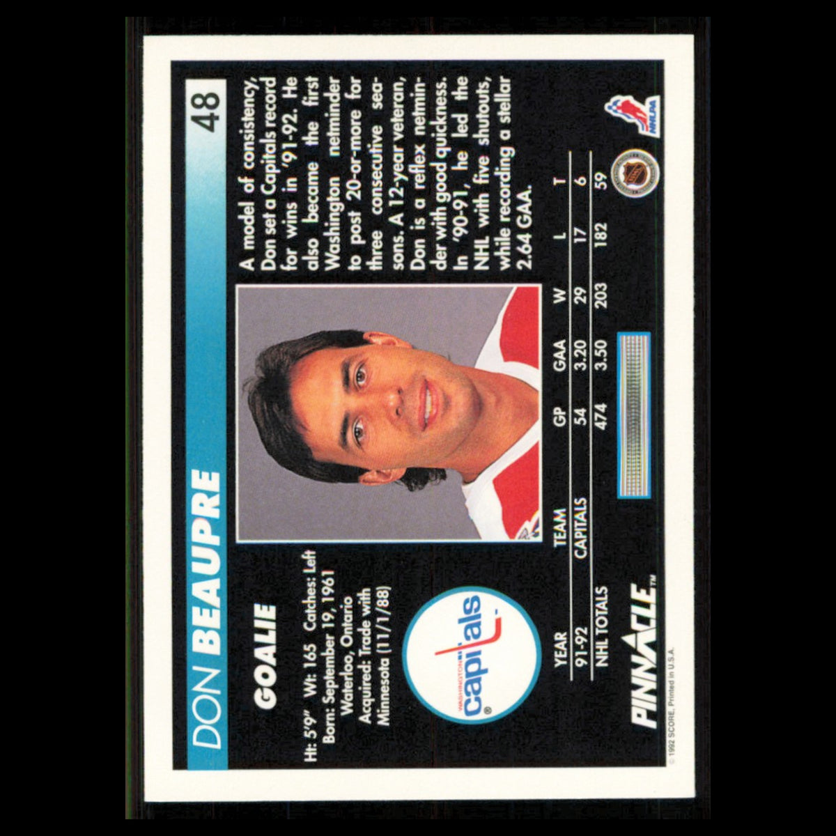 Don Beaupre #48 1992 Pinnacle Washington Capitals Hockey Card NHL NM