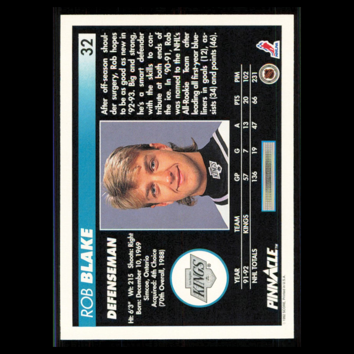 Rob Blake #32 1992 Pinnacle Los Angeles Kings Hockey Card NHL NM