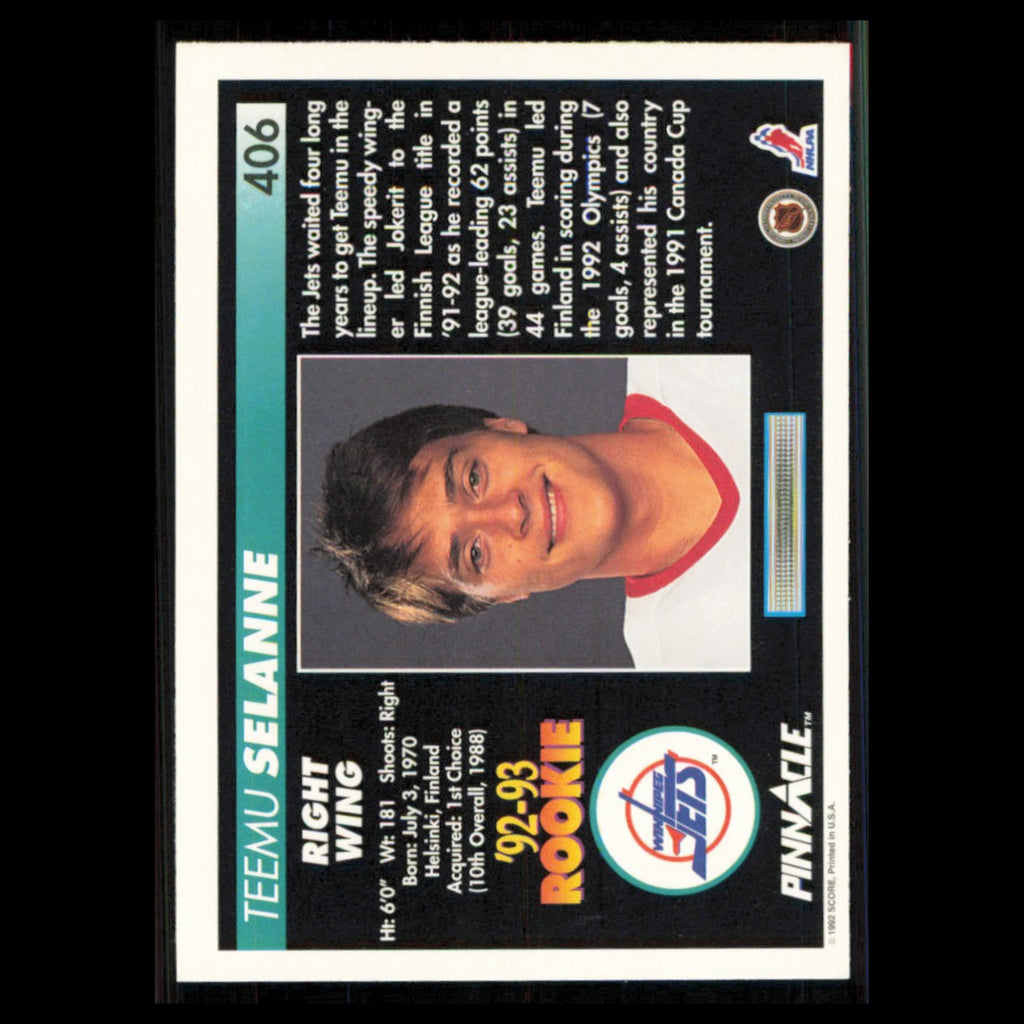 Teemu Selanne Rookie #406 1992 Pinnacle Winnipeg Jets Hockey Card NHL NM