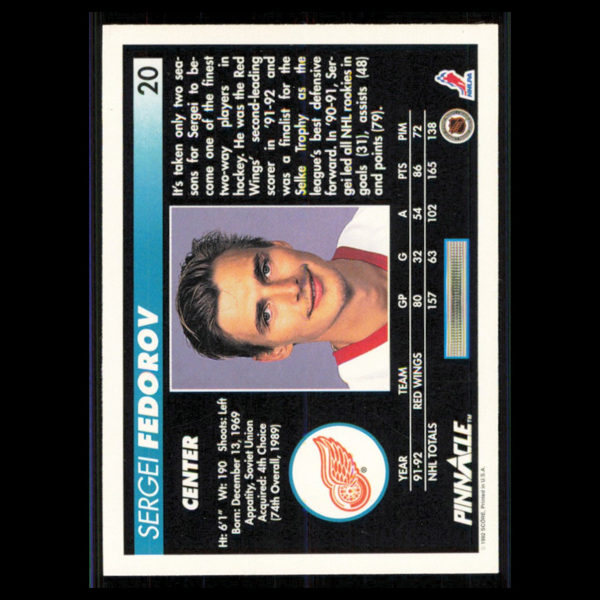 Sergei Fedorov #20 1992 Pinnacle Detroit Red Wings Hockey Card NHL NM