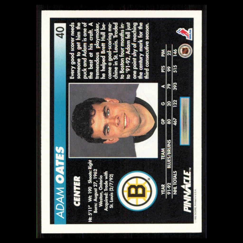 Adam Oates #40 1992 Pinnacle Boston Bruins Hockey Card NHL NM