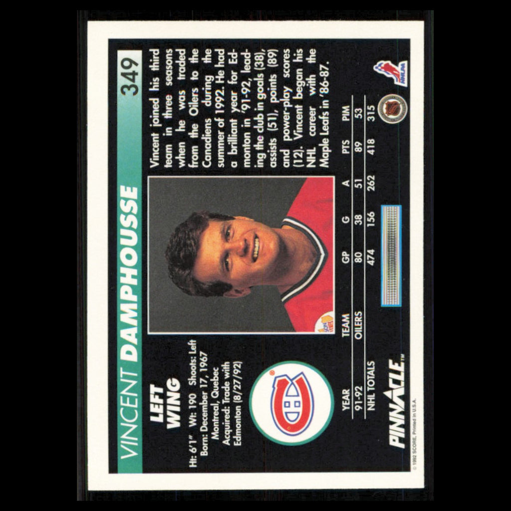 Vincent Damphousse #349 1992 Pinnacle Montreal Canadiens Hockey Card NHL NM