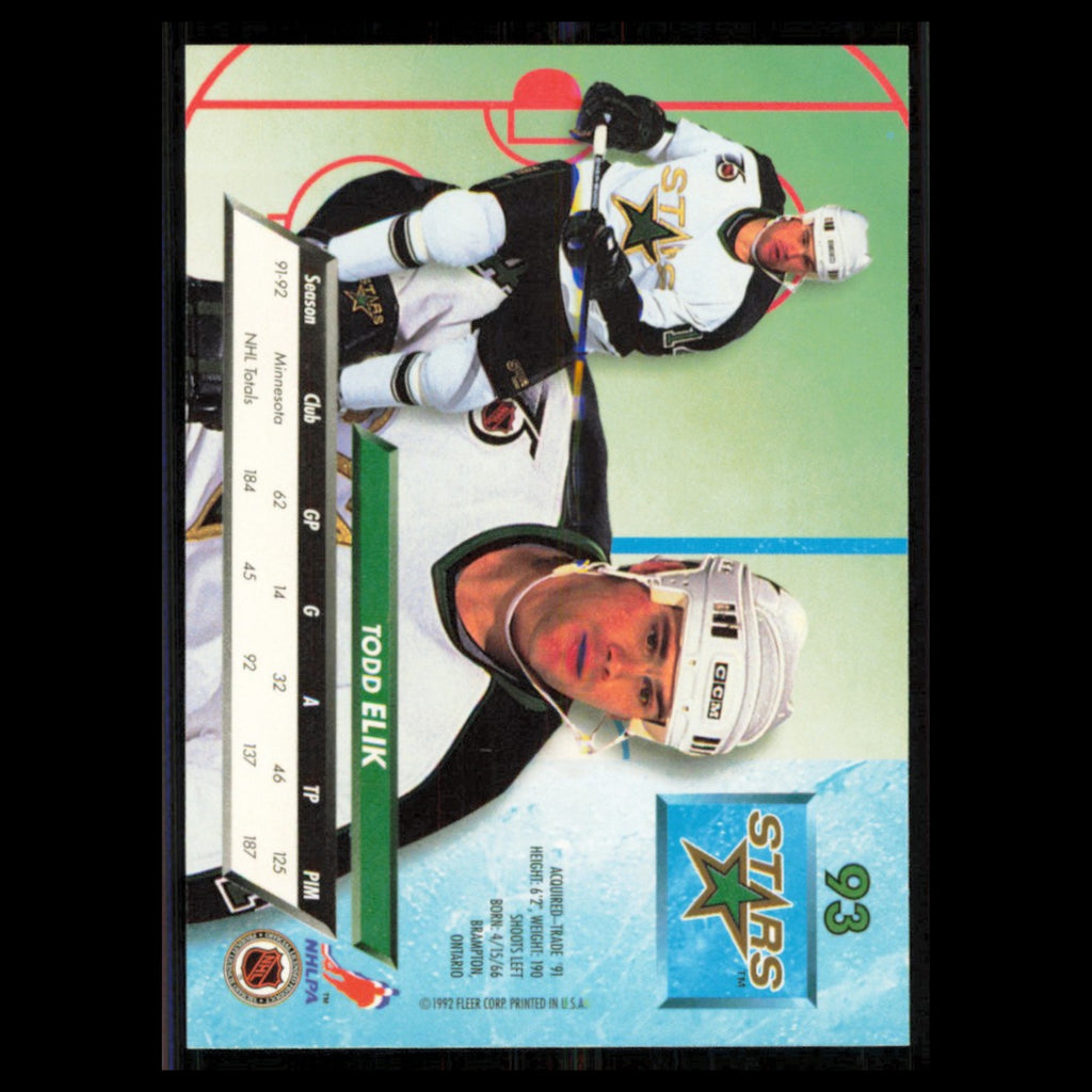 Todd Elik #93 1992 Fleer Ultra Minnesota North Stars Hockey Card NHL NM