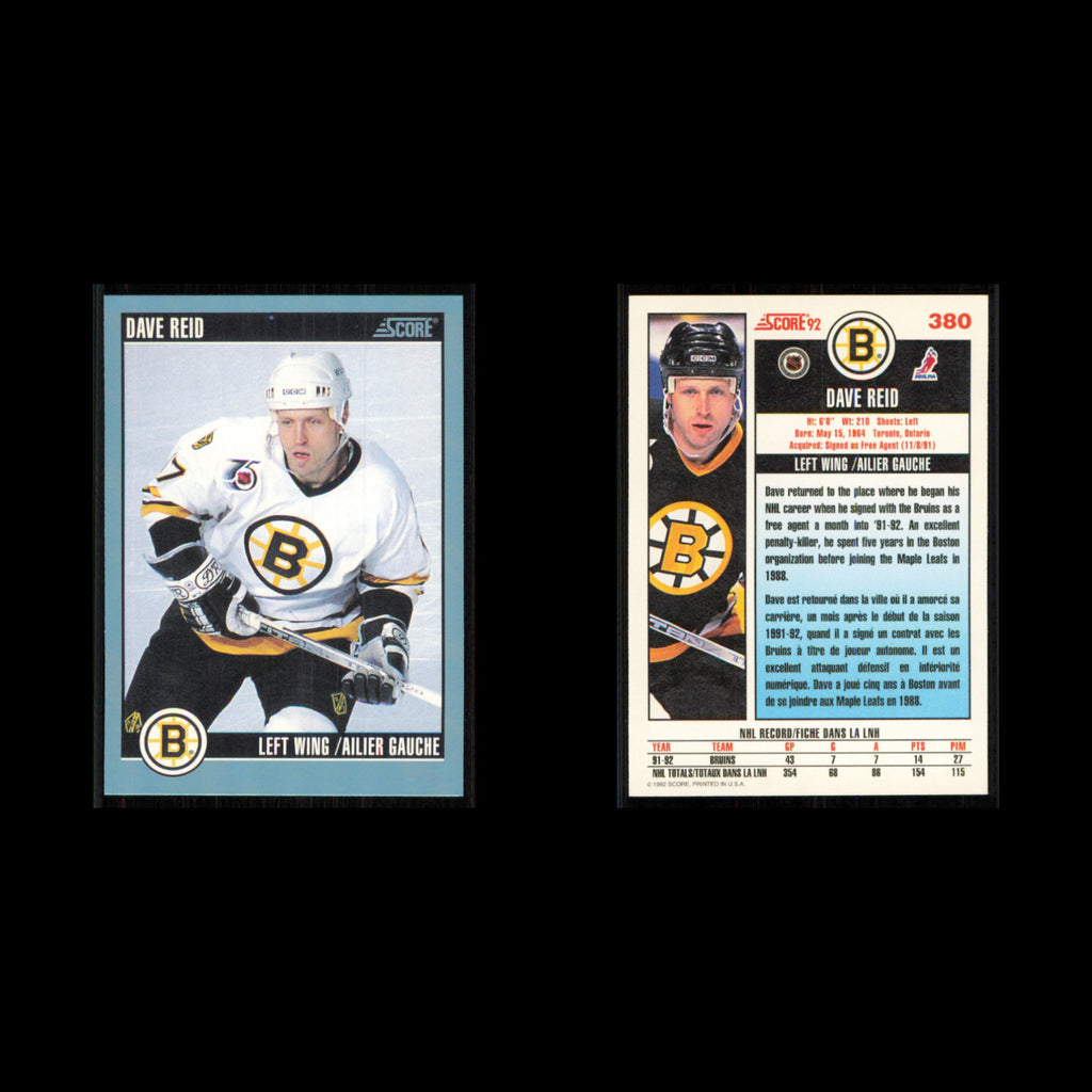 Dave Reid #380 1992 Score Canadian Boston Bruins Hockey Card NHL NM