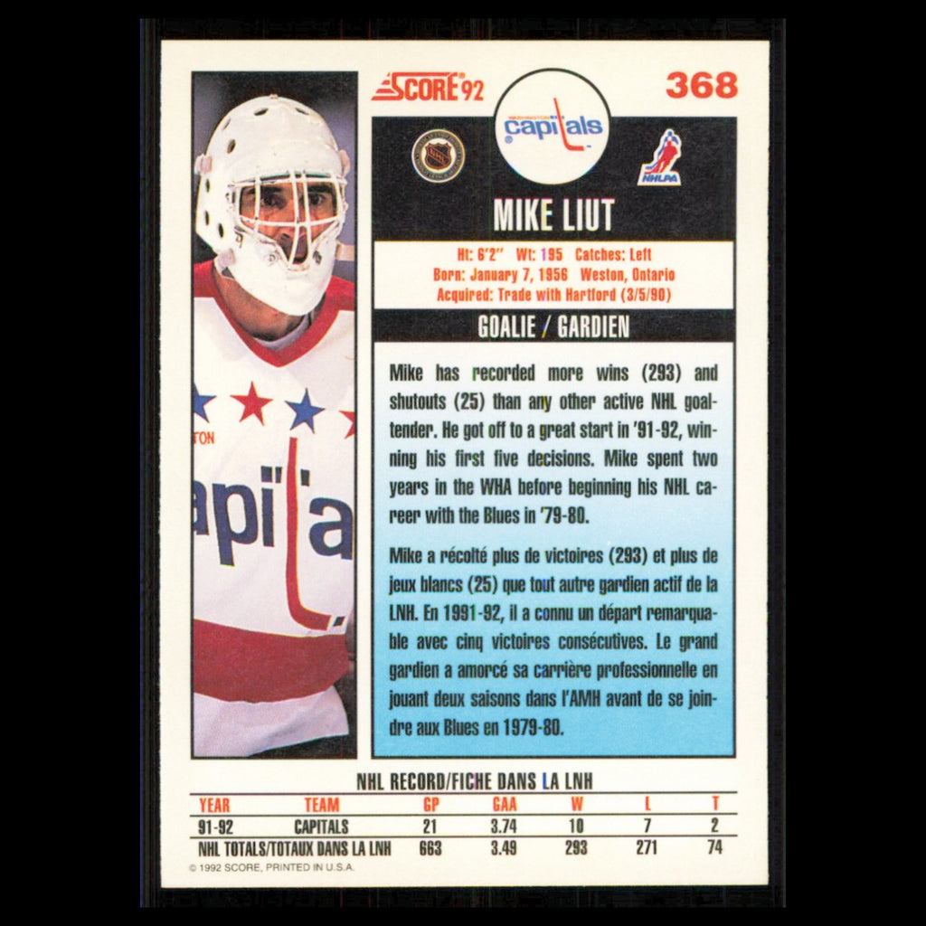 Mike Liut #368 1992 Score Canadian Washington Capitals Hockey Card NHL NM