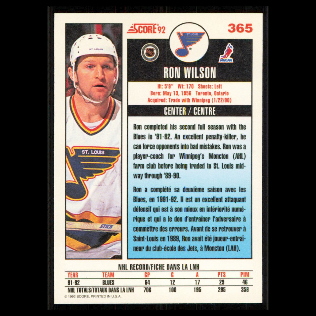 Ron Wilson #365 1992 Score Canadian St. Louis Blues Hockey Card NHL NM