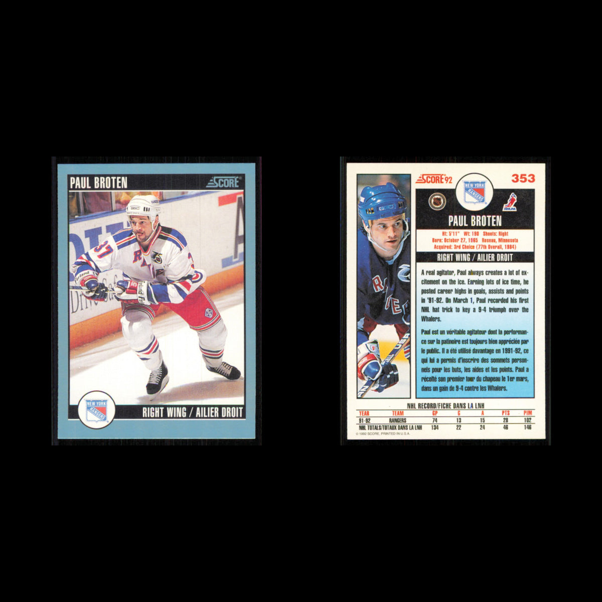 Paul Broten #353 1992 Score Canadian New York Rangers Hockey Card NHL NM