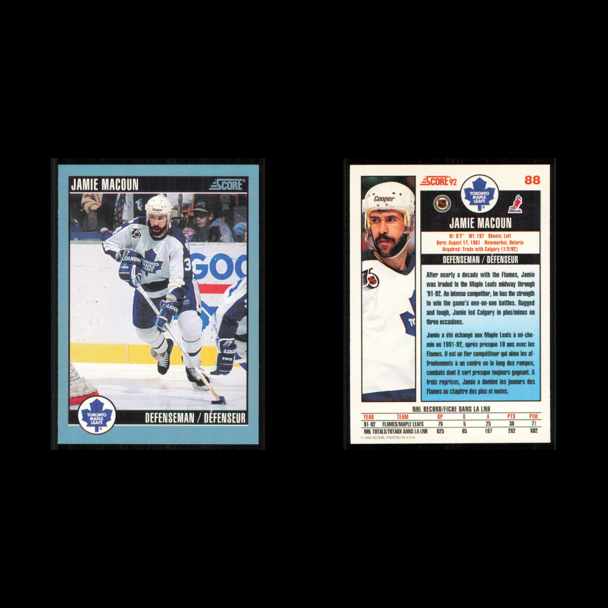 Jamie Macoun #88 1992 Score Canadian Toronto Maple Leafs Hockey Card NHL NM